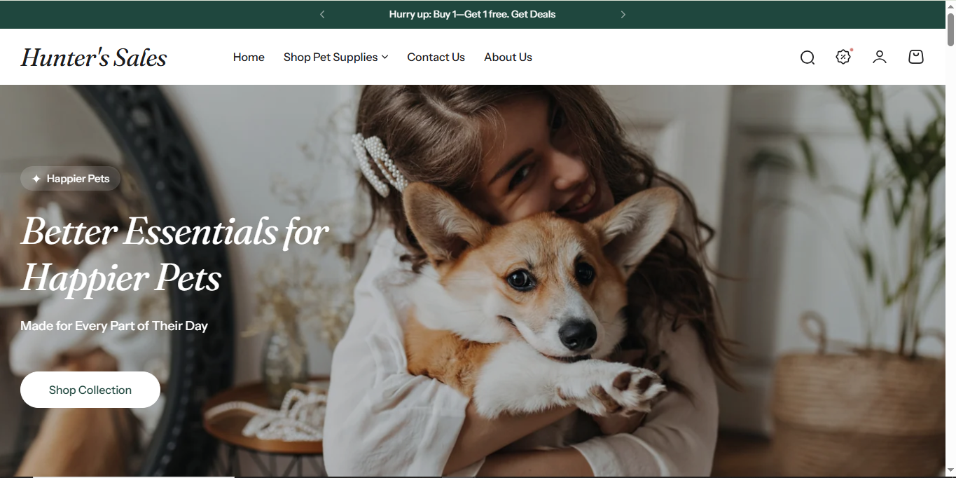 Fur Baby Zone storefront hero — 'Better Essentials for Happier Pets' with a woman hugging a corgi
