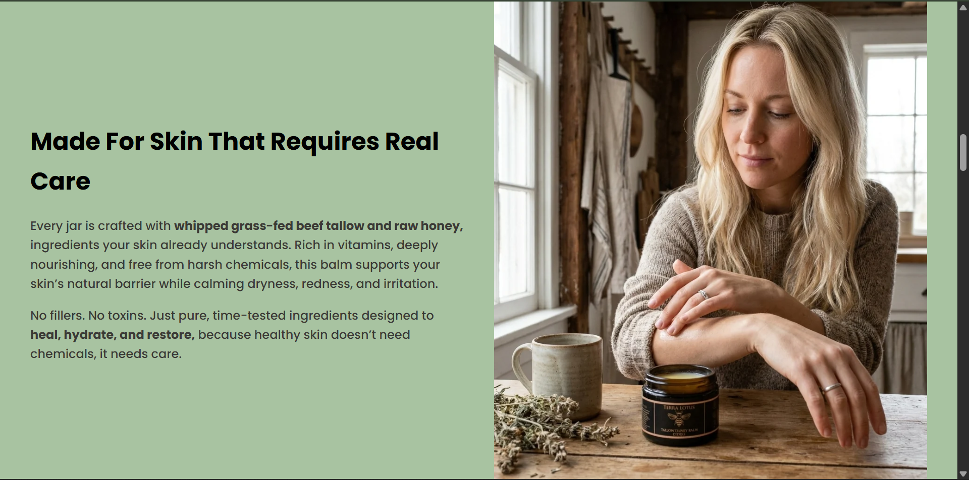 Revolyse 'Made For Skin That Requires Real Care' section with a woman applying tallow balm